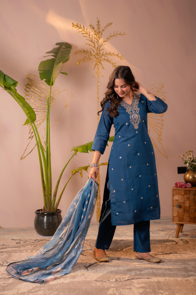Teal Embroidered Suit Set with Printed Floral Dupatta
