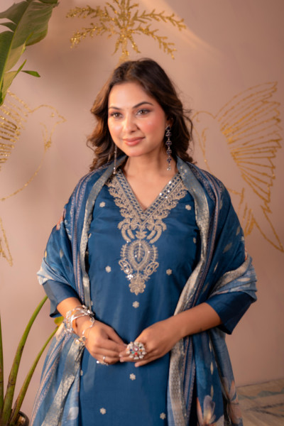 Teal Embroidered Suit Set with Printed Floral Dupatta