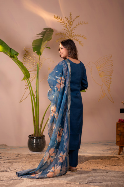 Teal Embroidered Suit Set with Printed Floral Dupatta