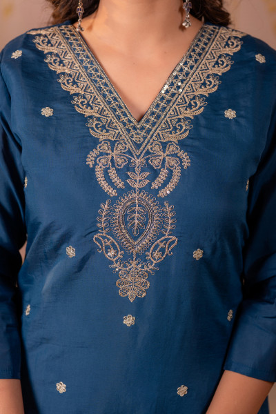 Teal Embroidered Suit Set with Printed Floral Dupatta