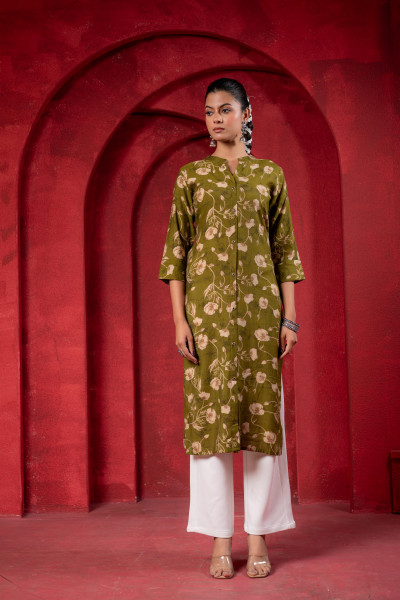 Olive Green Floral Handblock-Style Straight Kurta