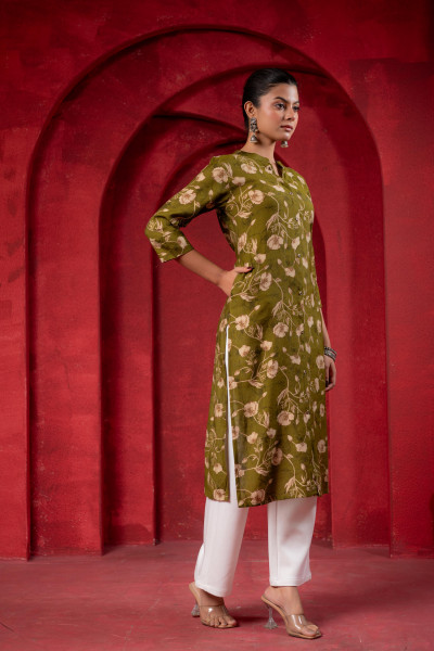 Olive Green Floral Handblock-Style Straight Kurta