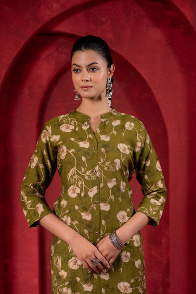 Olive Green Floral Handblock-Style Straight Kurta