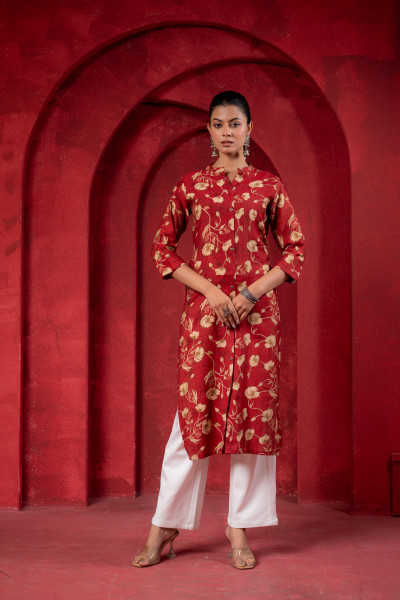 Maroon Floral Handblock-Style Straight Kurta