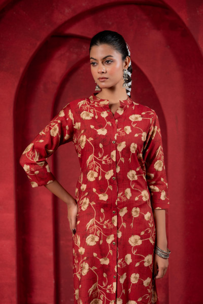 Maroon Floral Handblock-Style Straight Kurta