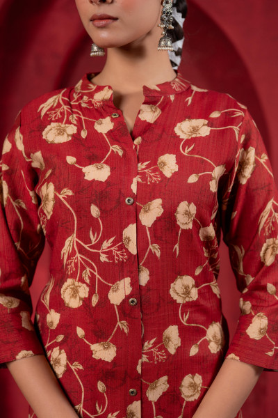 Maroon Floral Handblock-Style Straight Kurta