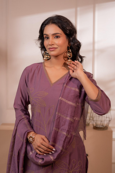 Plum Solid Embroidered Straight Kurta Pant and Dupatta Set with Thread Work