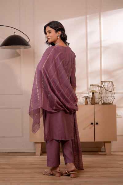 Plum Solid Embroidered Straight Kurta Pant and Dupatta Set with Thread Work