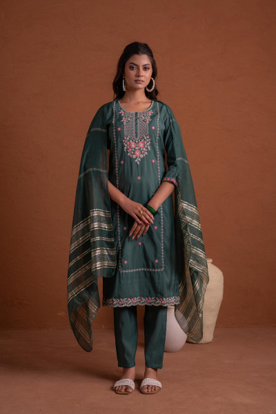 Green Poly Viscose Straight Kurta Pant And Dupatta Set with Thread & Sequence Work