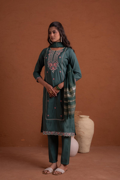 Green Poly Viscose Straight Kurta Pant And Dupatta Set with Thread & Sequence Work