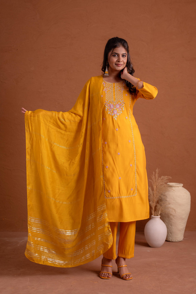 Mustard Poly Viscose Straight Kurta Pant And Dupatta Set with Thread &amp; Sequence Work