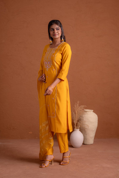 Mustard Poly Viscose Straight Kurta Pant And Dupatta Set with Thread & Sequence Work