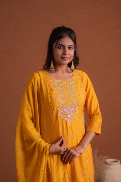 Mustard Poly Viscose Straight Kurta Pant And Dupatta Set with Thread & Sequence Work