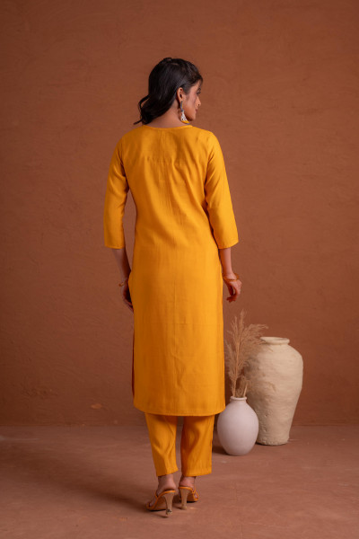Mustard Poly Viscose Straight Kurta Pant And Dupatta Set with Thread & Sequence Work