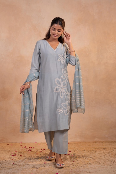 Gray Serenity Embroidered  Suit Set