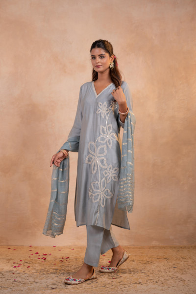 Gray Serenity Embroidered  Suit Set