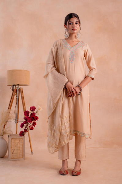Beige Poly Viscose Straight Kurta Pant And Dupatta Set with Zari, Thread & Sequence Work