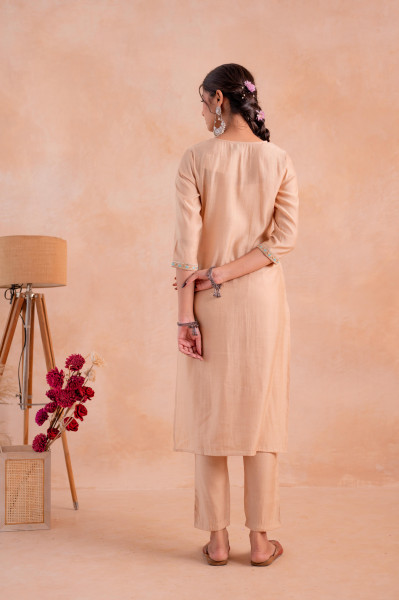 Beige Poly Viscose Straight Kurta Pant And Dupatta Set with Zari, Thread & Sequence Work