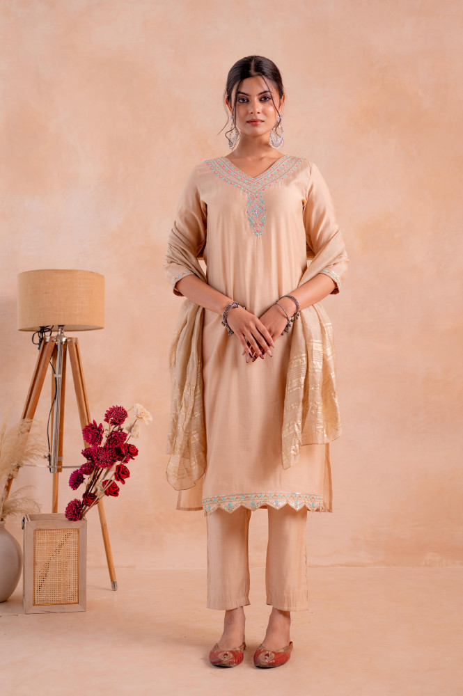 Beige Poly Viscose Straight Kurta Pant And Dupatta Set with Zari, Thread &amp; Sequence Work