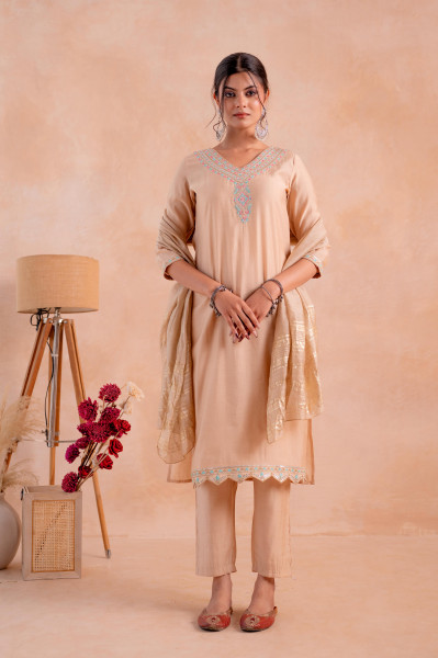 Beige Poly Viscose Straight Kurta Pant And Dupatta Set with Zari, Thread & Sequence Work
