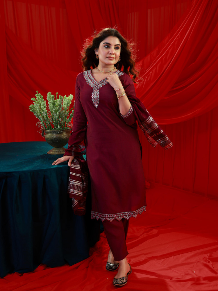 Maroon Poly Viscose Straight Kurta Pant And Dupatta Set with Zari, Thread &amp; Sequence Work