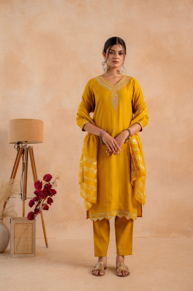Mustard Poly Viscose Straight Kurta Pant And Dupatta Set with Zari, Thread & Sequence Work