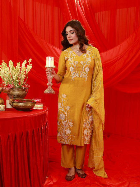 Mustard Solid Embroidered Straight Kurta Pant and Dupatta Set with Thread Work