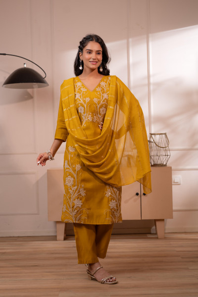 Mustard Solid Embroidered Straight Kurta Pant and Dupatta Set with Thread Work