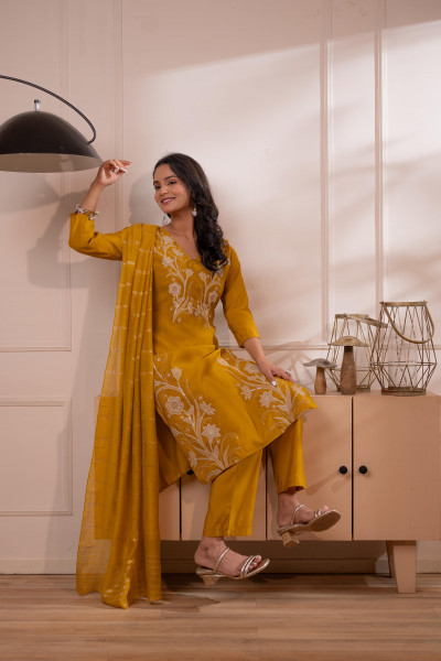 Mustard Solid Embroidered Straight Kurta Pant and Dupatta Set with Thread Work