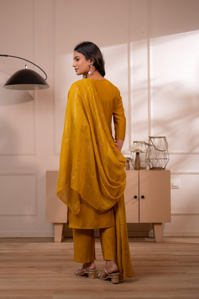 Mustard Solid Embroidered Straight Kurta Pant and Dupatta Set with Thread Work