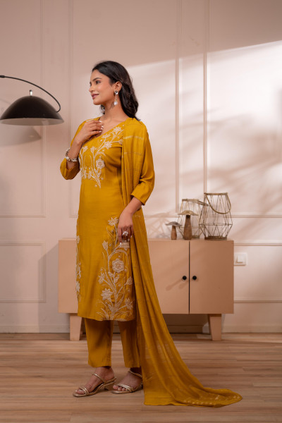 Mustard Solid Embroidered Straight Kurta Pant and Dupatta Set with Thread Work