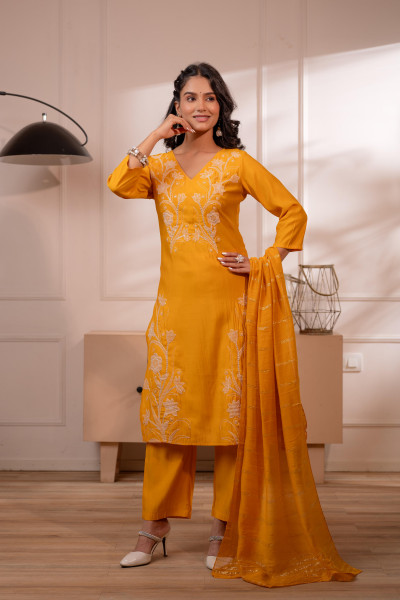 Yellow Solid Embroidered Straight Kurta Pant and Dupatta Set with Thread Work