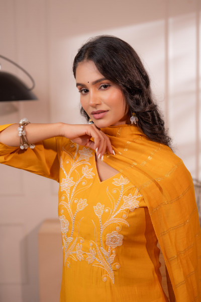 Yellow Solid Embroidered Straight Kurta Pant and Dupatta Set with Thread Work