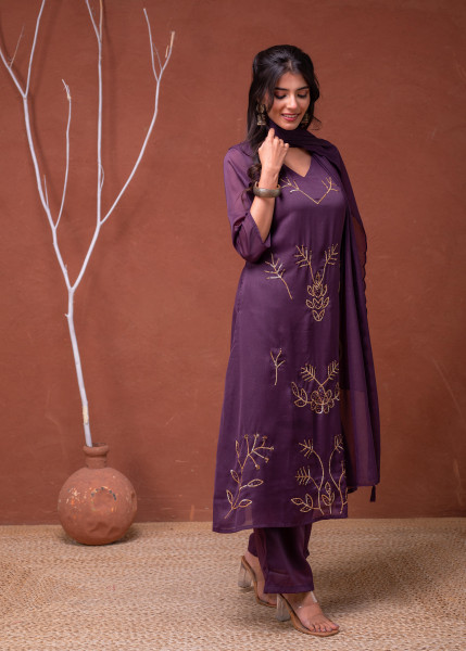 Purple Solid Man Made Fiber Kurta Pant Dupatta Set with Beads and Sequence Work