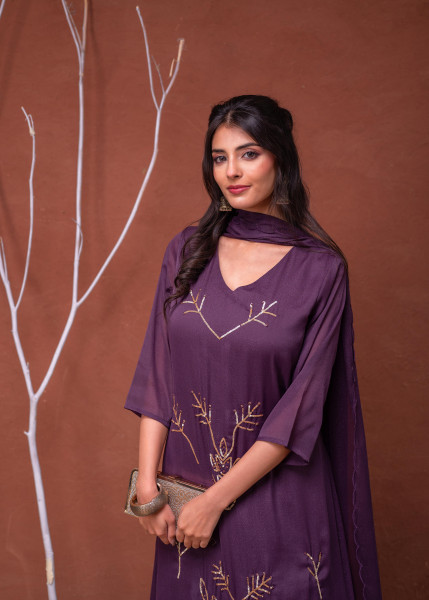 Purple Solid Man Made Fiber Kurta Pant Dupatta Set with Beads and Sequence Work