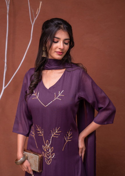 Purple Solid Man Made Fiber Kurta Pant Dupatta Set with Beads and Sequence Work