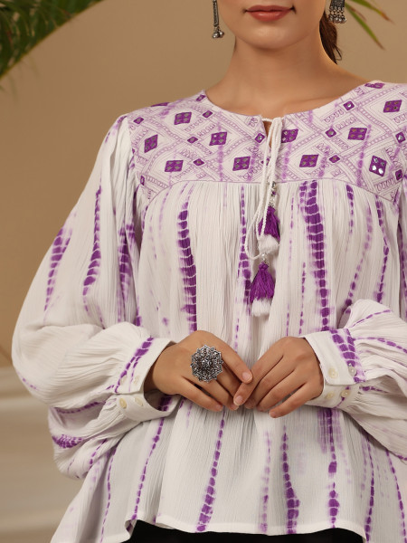 Juniper Lavender Mirror Embroidered Rayon Crepe Tie-Dye Tunic With Tassels