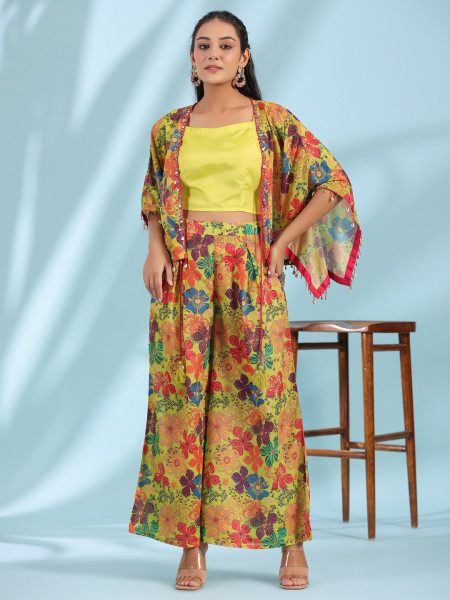 Juniper Green Floral Printed Layered Chinnon Top With Pants Co-Ord Set With Beads &amp; Sequins Work (3-Pcs)