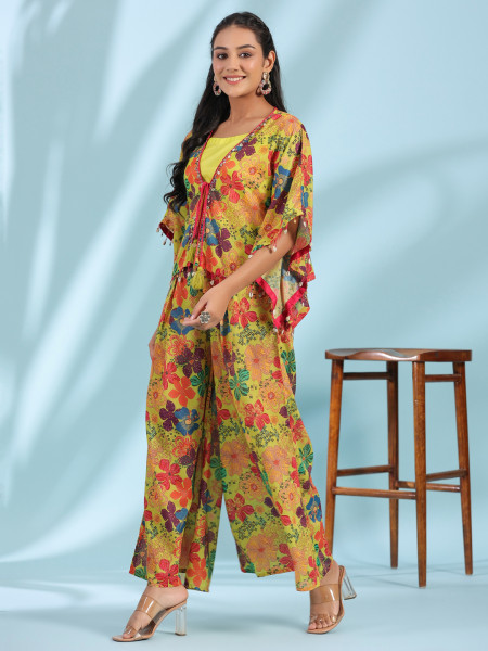 Juniper Green Floral Printed Layered Chinnon Top With Pants Co-Ord Set With Beads & Sequins Work (3-Pcs)