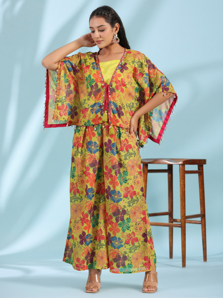 Juniper Green Floral Printed Layered Chinnon Top With Pants Co-Ord Set With Beads & Sequins Work (3-Pcs)