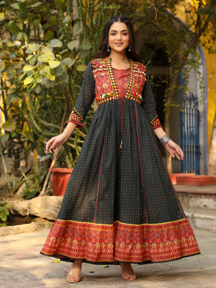 Black Cotton Ethnic Motif Printed Fit & Flare Layered Maxi Dress With Thread Embroidery & Tassels