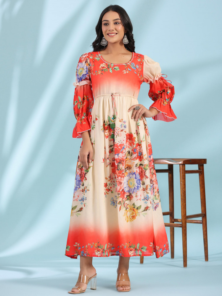 Off-White Floral Printed Cotton Maxi Dress With Beads & Sequins Work