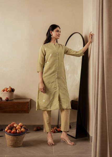 Sage Green Solid Viscose A-Line Kurta with Embroidery, Beads & Button Detailing