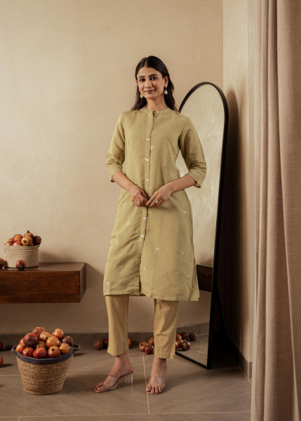 Sage Green Solid Viscose A-Line Kurta with Embroidery, Beads & Button Detailing
