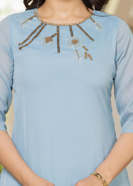 Skyblue Embellished Kurta Pant Dupatta with Beads and Sequence Work