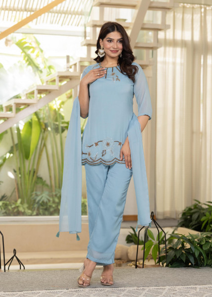 Skyblue Embellished Kurta Pant Dupatta with Beads and Sequence Work