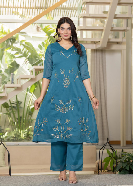 Teal Solid Man Made Fiber Kurta Pant Dupatta Set with Beads and Sequence Work