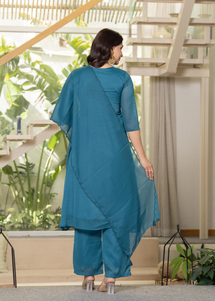 Teal Solid Man Made Fiber Kurta Pant Dupatta Set with Beads and Sequence Work