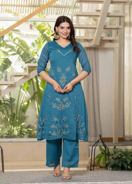 Teal Solid Man Made Fiber Kurta Pant Dupatta Set with Beads and Sequence Work