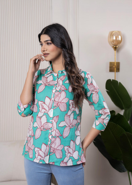 Lamora Turquoise Floral Button-Down Shirt